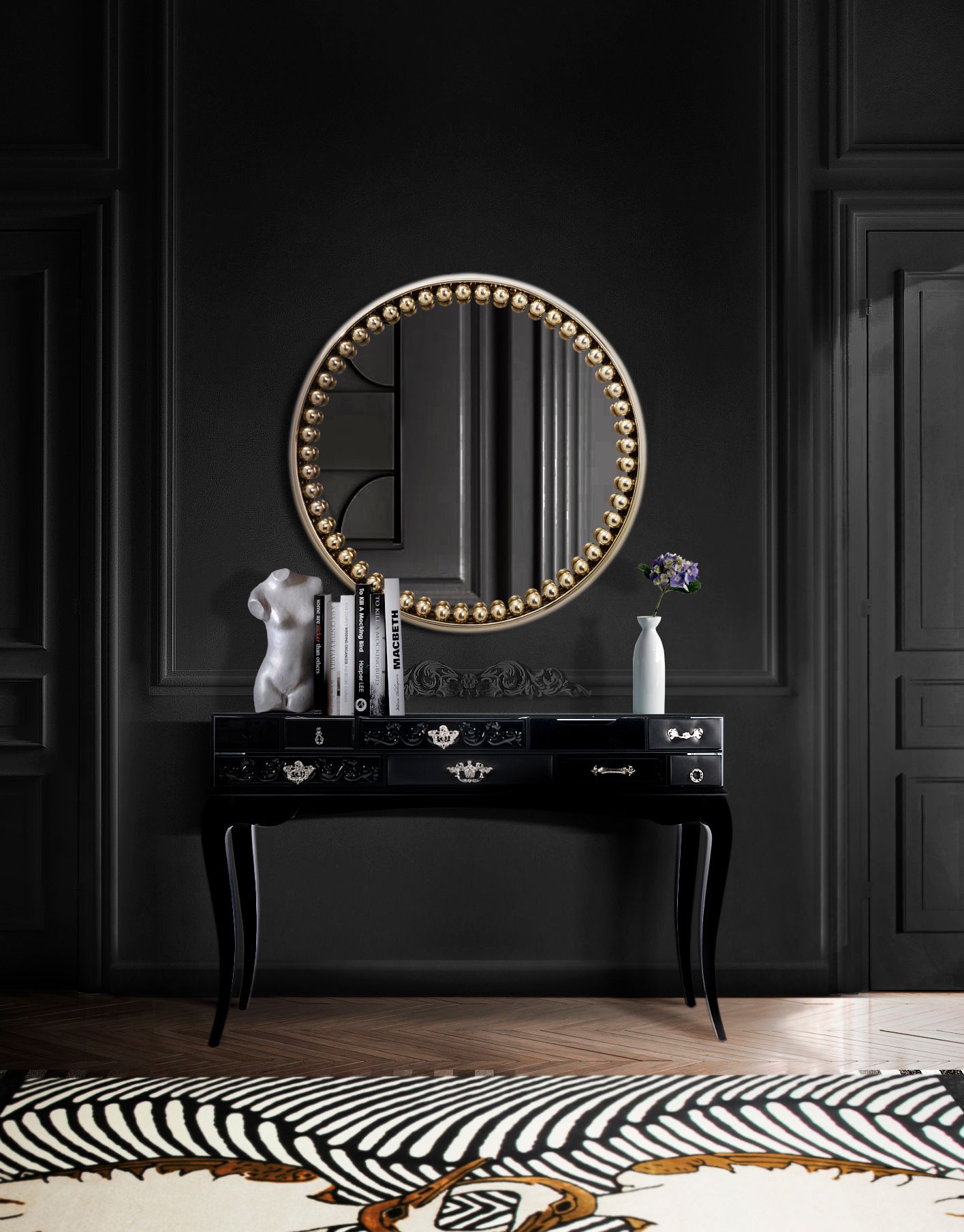 All-Black Hallway With Couple Classic&nbsp;Rug by Rug'Society