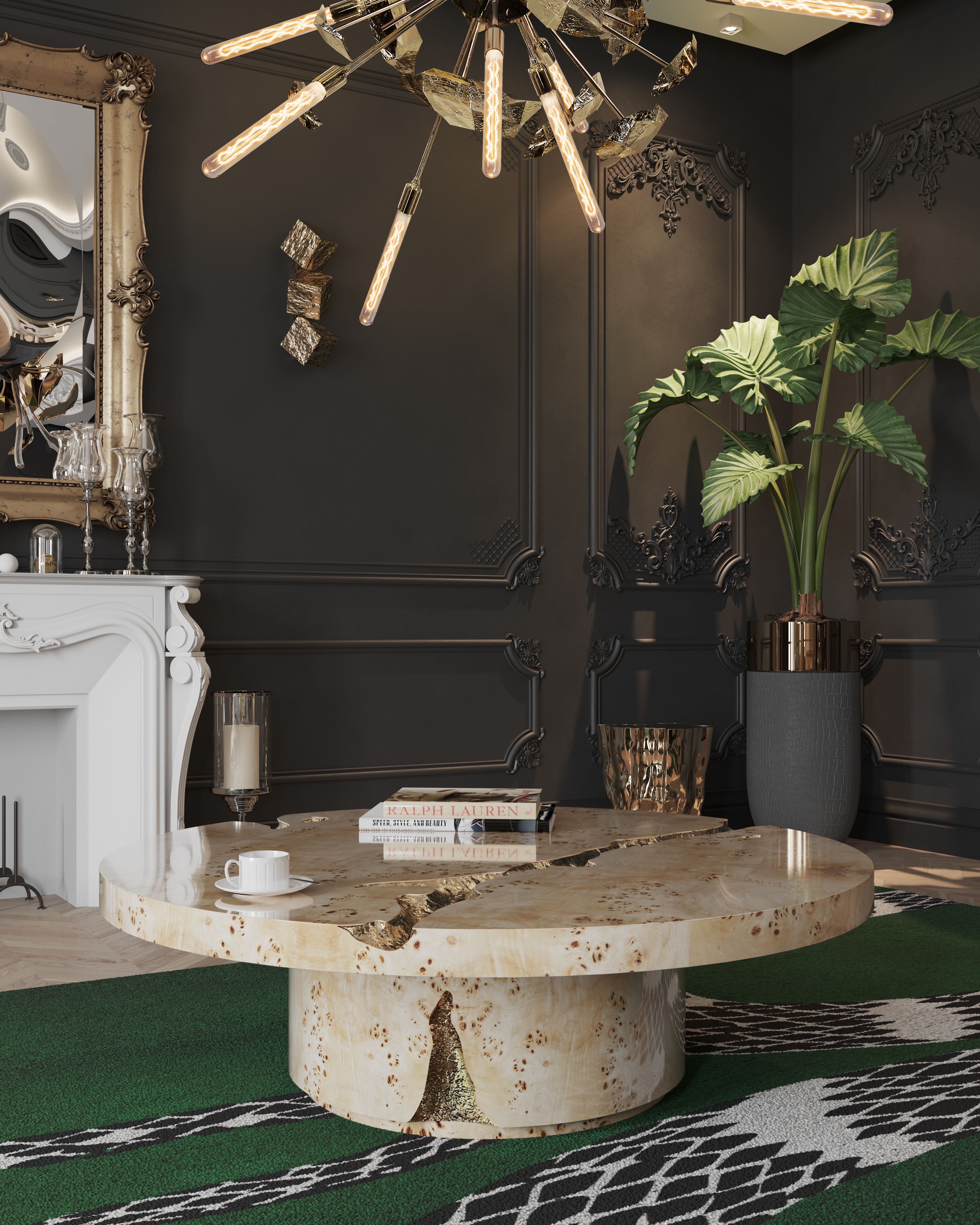 All-Black Living Room With Marble And Green&nbsp;Details by Rug'Society