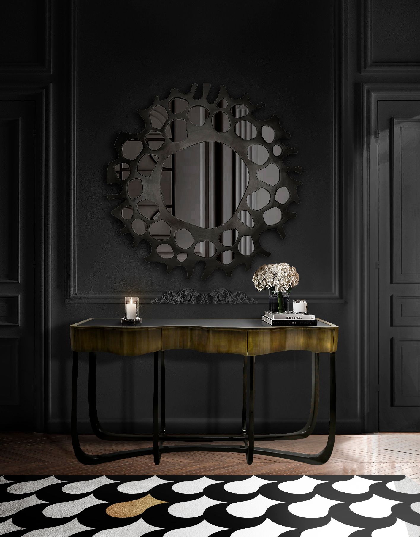 An All-Black Hallway With Adler Geometric&nbsp;Rug by Rug'Society
