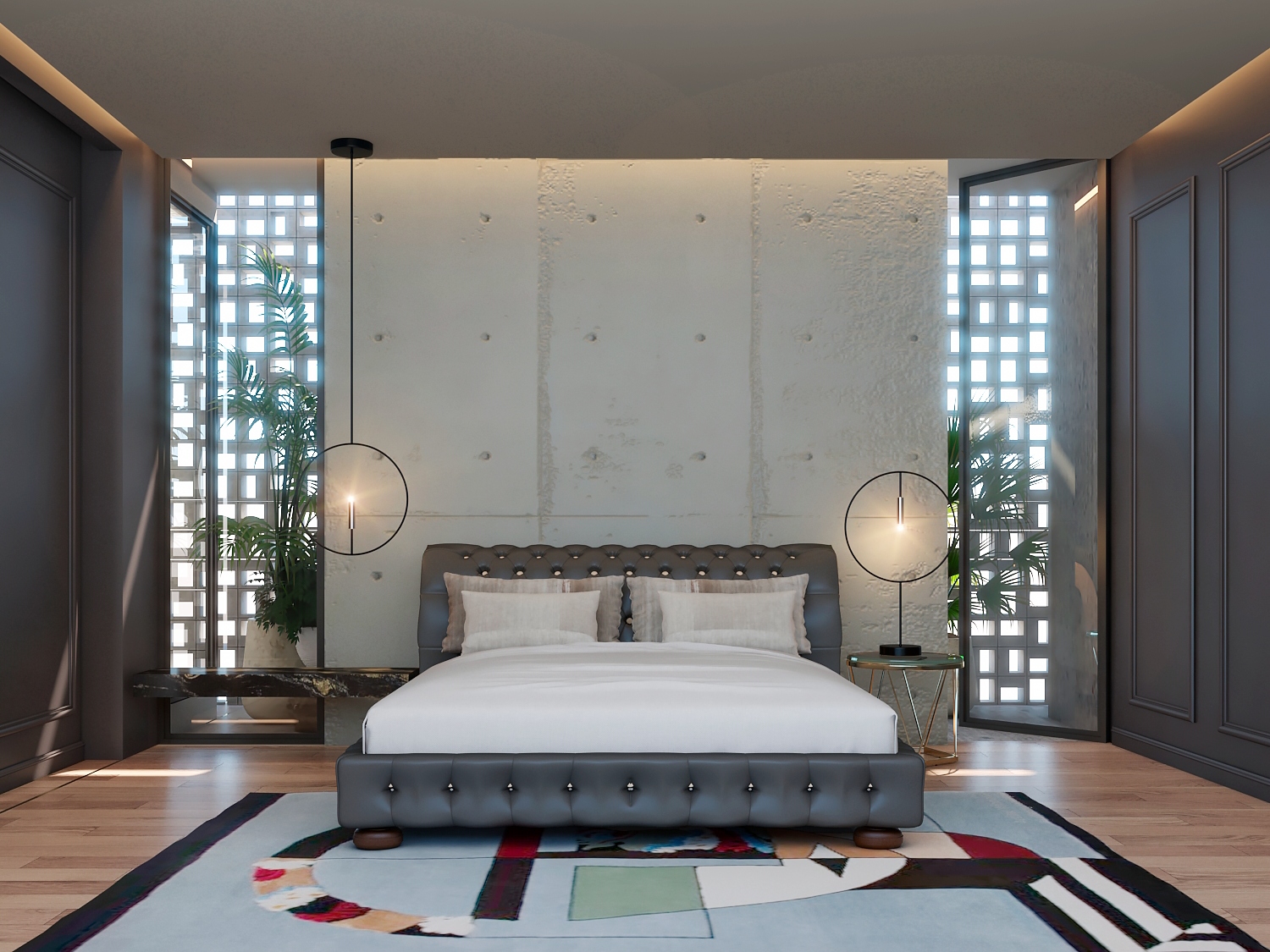 Blue minimalist bedroom decor with Mira&nbsp;Rug by Rug'Society