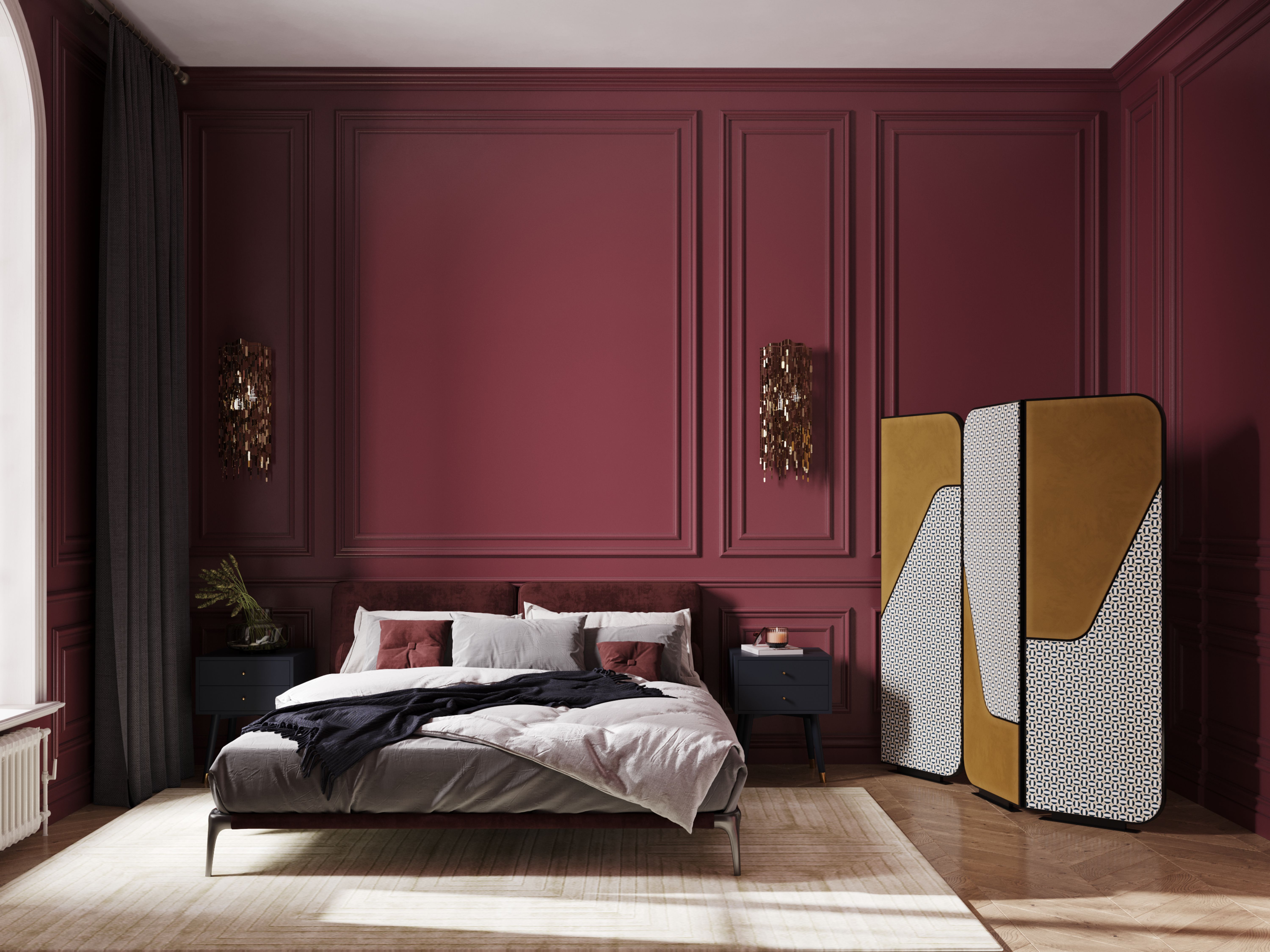 Colorful Bedroom With Mid-Century Design and White Garden&nbsp;Rug by Rug'Society
