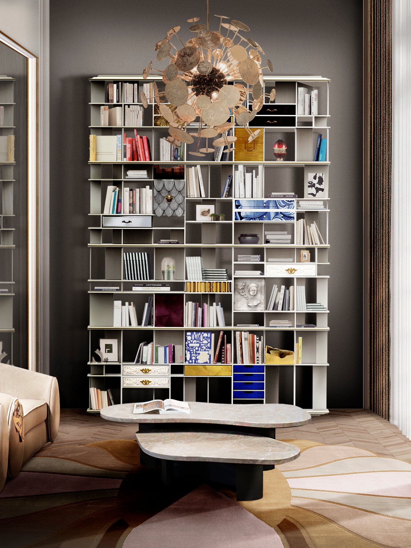 contemporary home library with the radiating MERMAID&nbsp;RUG by Rug'Society