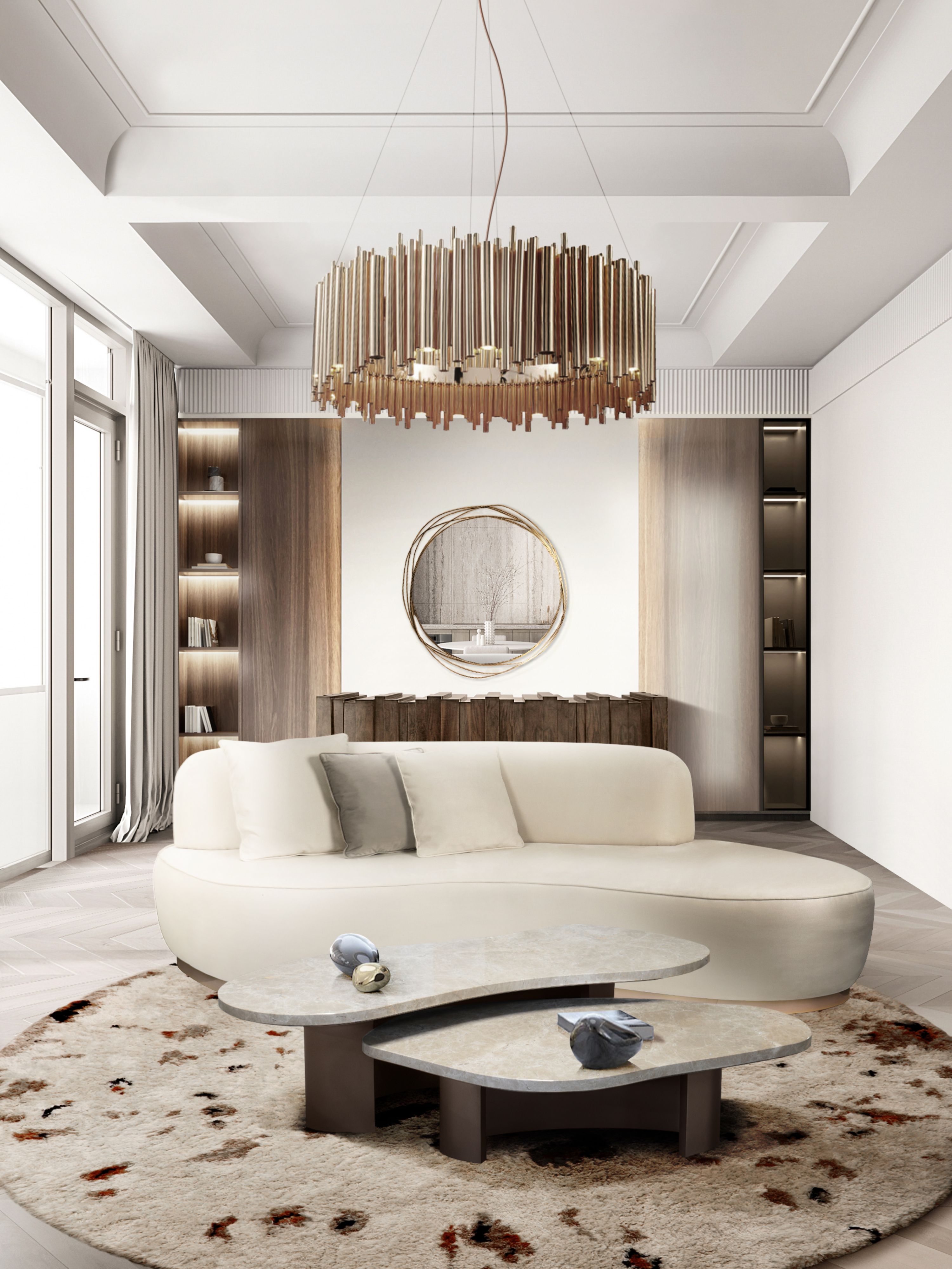 Contemporary living room with neutral tones and the glamorous Oslo&nbsp;rug by Rug'Society