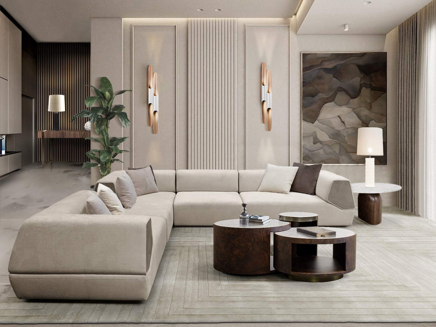 CONTEMPORARY LIVING ROOM WITH THE BEAUTIFUL WHITE GARDEN&nbsp;RUG by Rug'Society