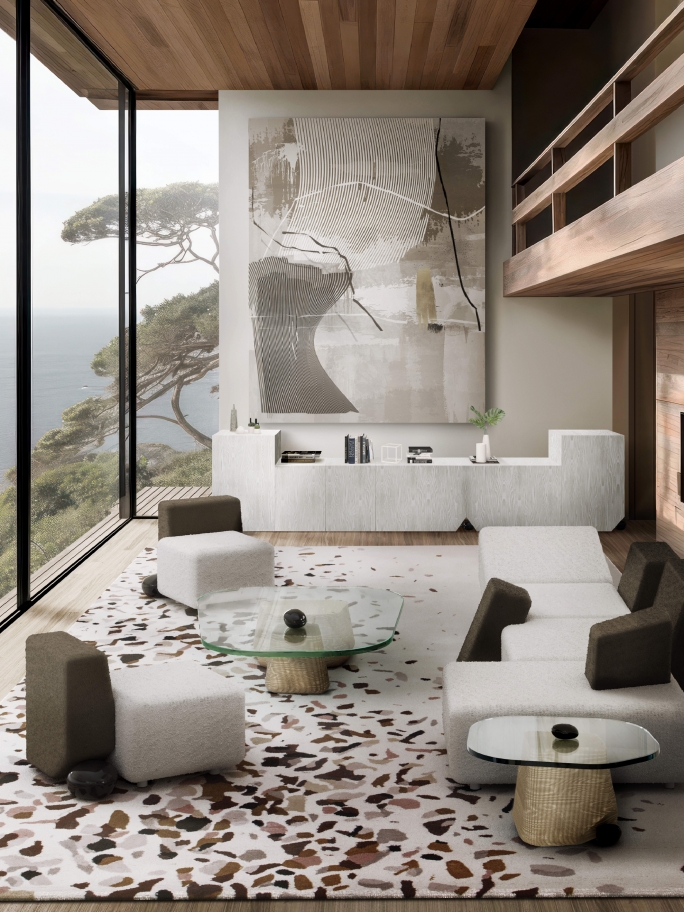 Cozy Minimal Living Room With Terrazzo&nbsp;Rug by Rug'Society
