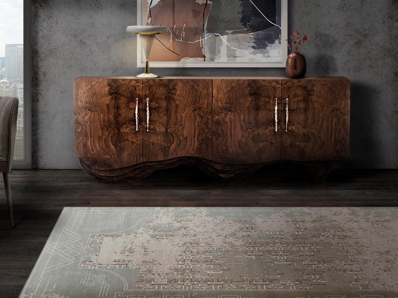 Dark modern contemporary hallway design with the RUIN&nbsp;RUG by Rug'Society