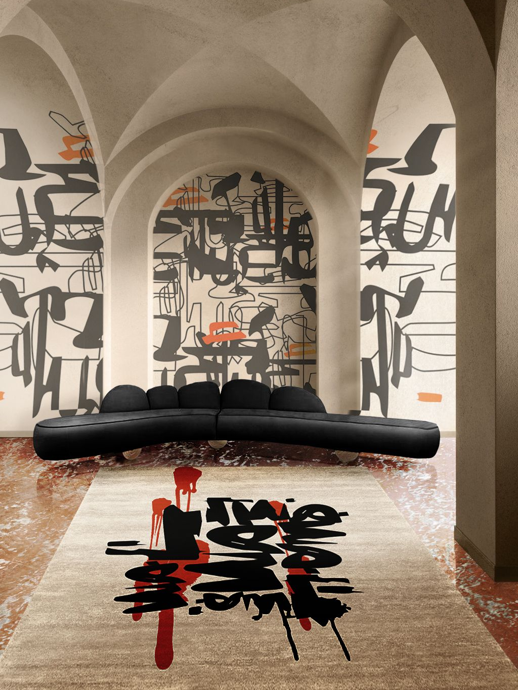 Darkened and Simplistic Living Room Ambiance with the Inkahole&nbsp;Rug by Rug'Society