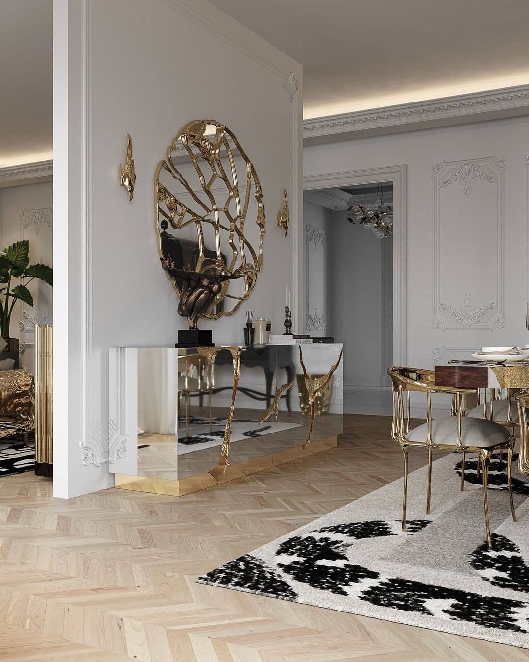 Dining Room In A White And Gold Ambiance With Our Majestic Imperial Snake&nbsp;Rug by Rug'Society