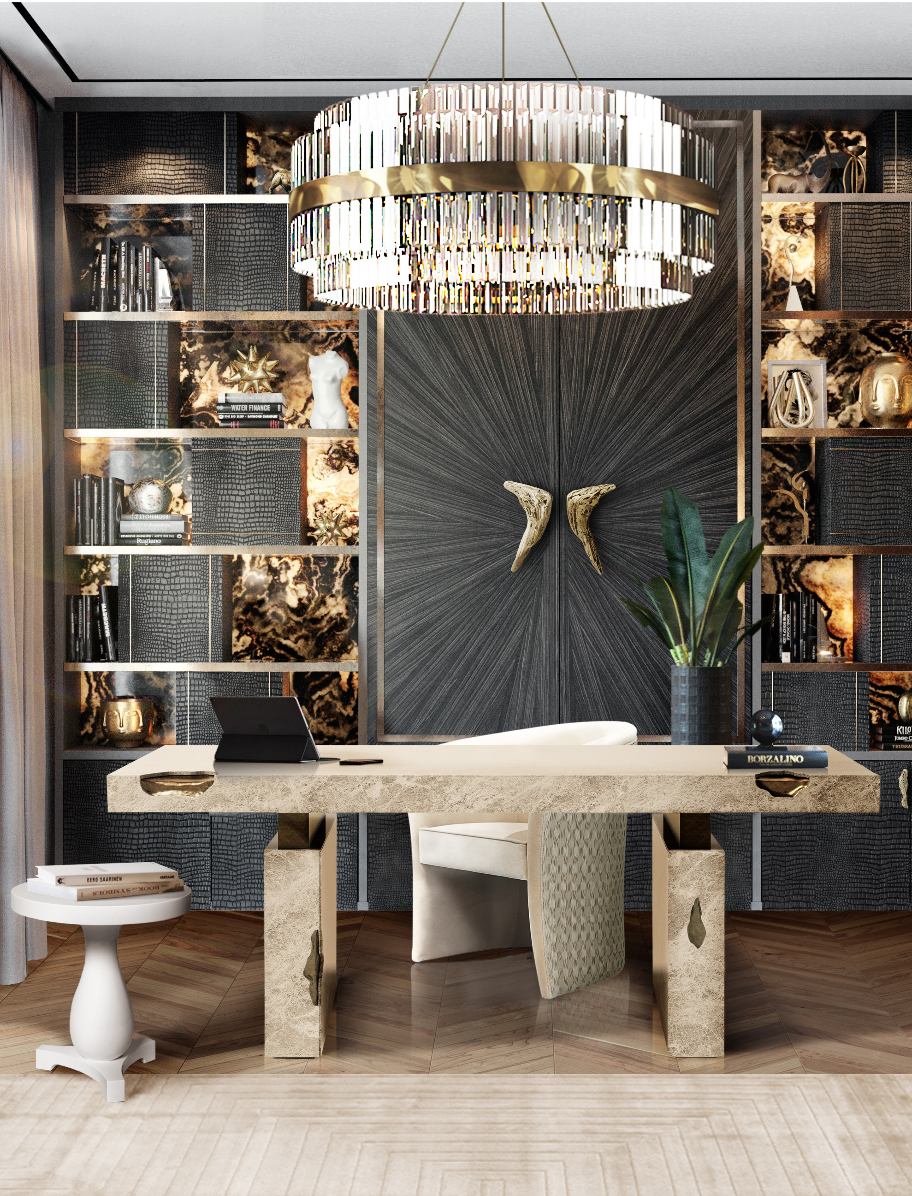 Elegant and modern Office with White Garden&nbsp;rug by Rug'Society