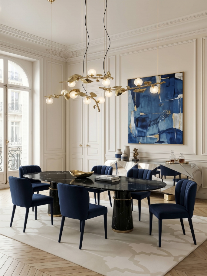 Elegant Blue Dining Room With Dara Rug - Rug'Society