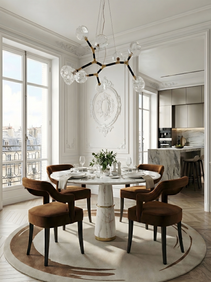 Elegant White Dining Room With Uzu Round Rug - Rug'Society