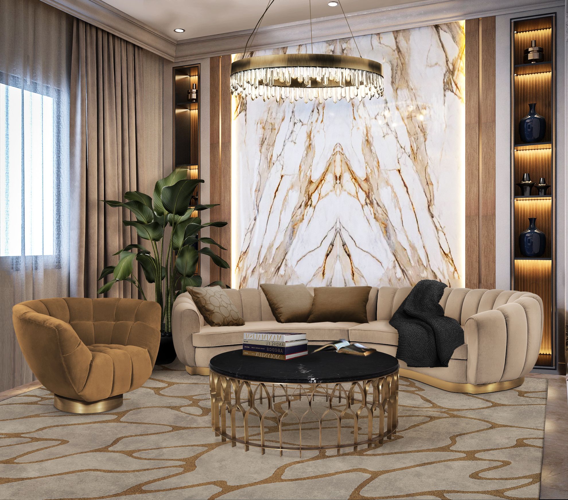 Glamorous Living Room With Cell Gold&nbsp;Rug by Rug'Society