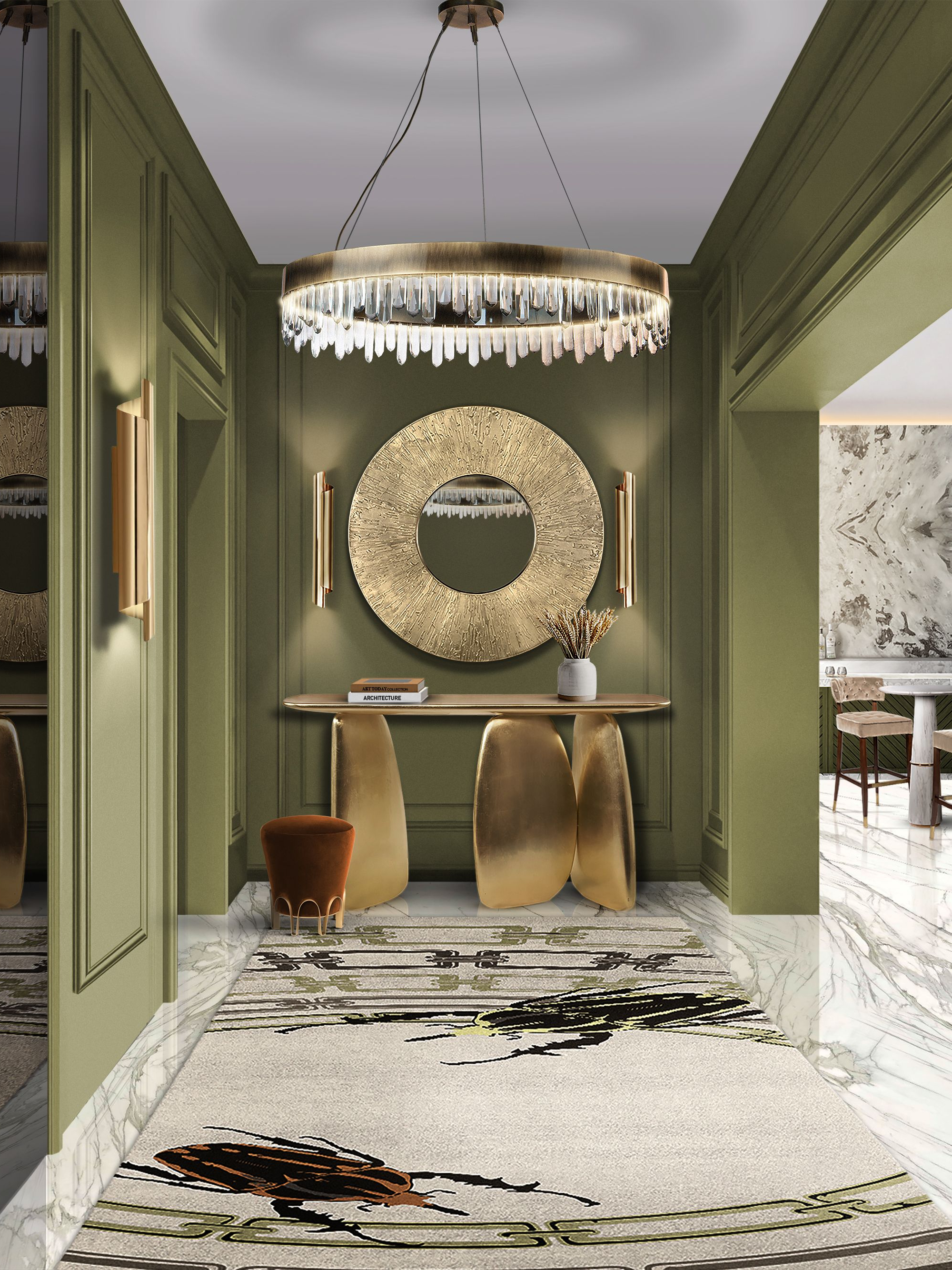 Golden and Green Hallway with a Beautiful Modified Golden Bugs&nbsp;Rug by Rug'Society