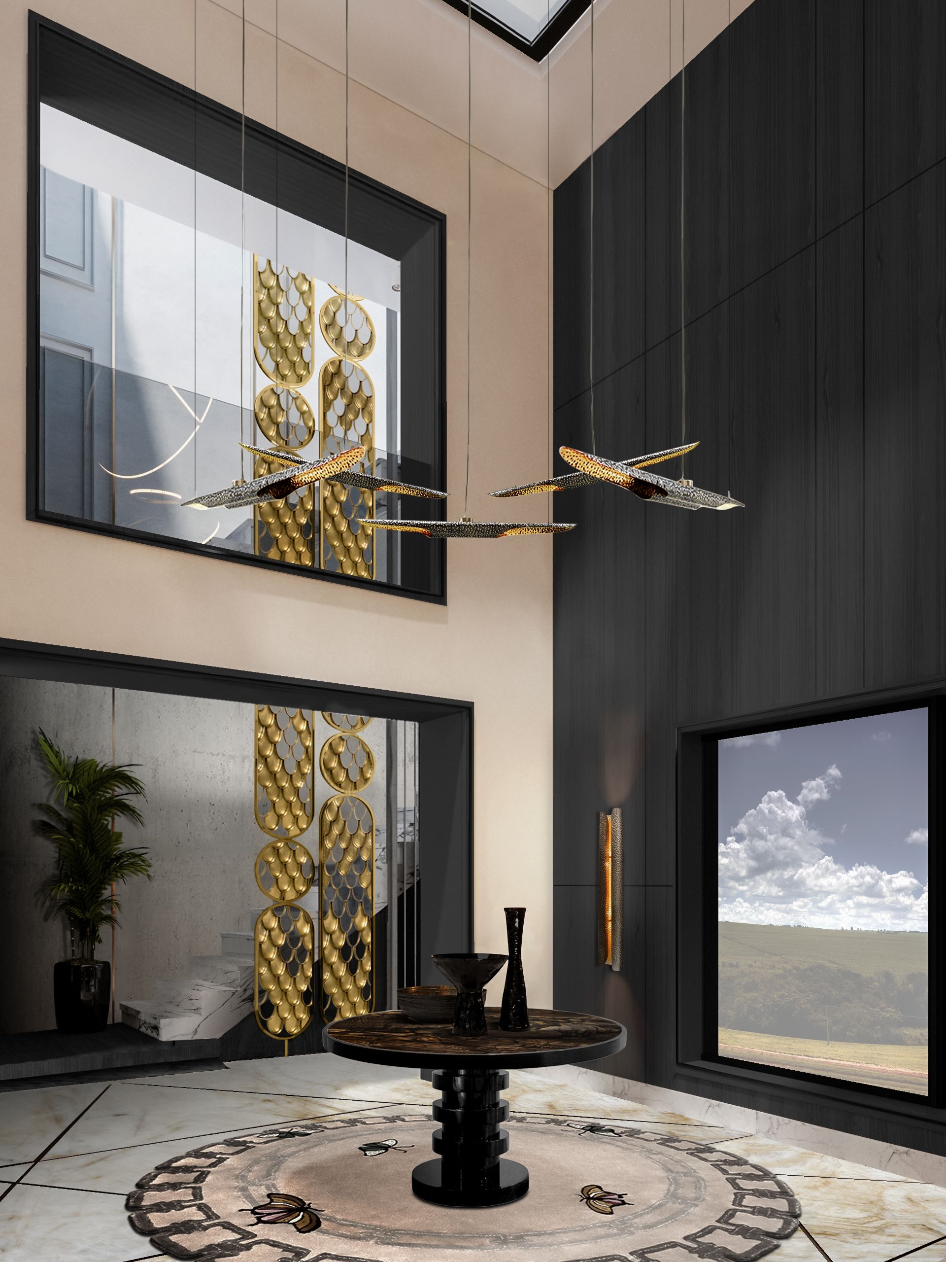Illustrous Dining Room with Golden Hues and Darkened Mood with the Metamorphosis&nbsp;Rug by Rug'Society