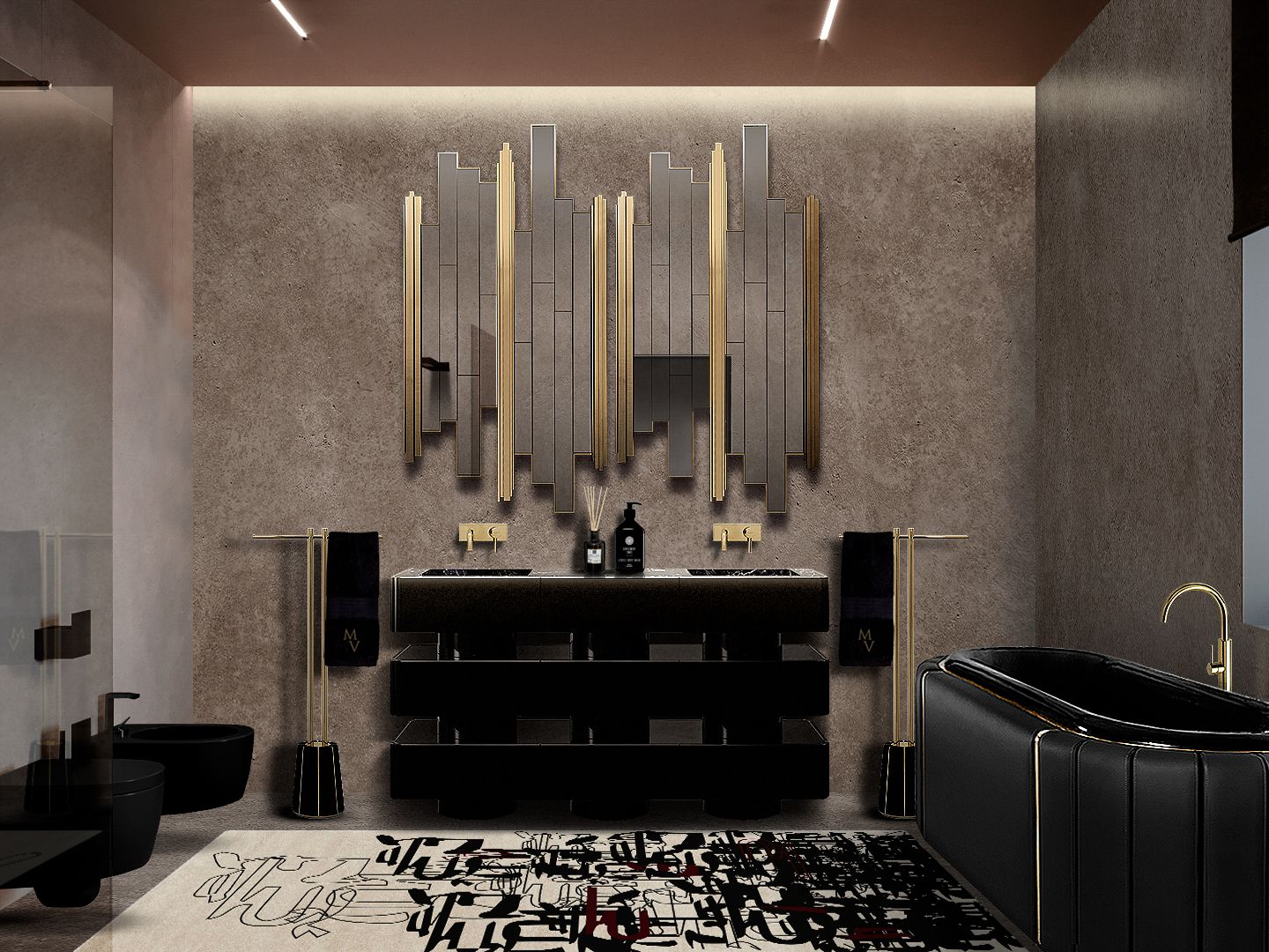 Luxurious and Powerful Bathroom With Inkblind II Natural&nbsp;Rug by Rug'Society