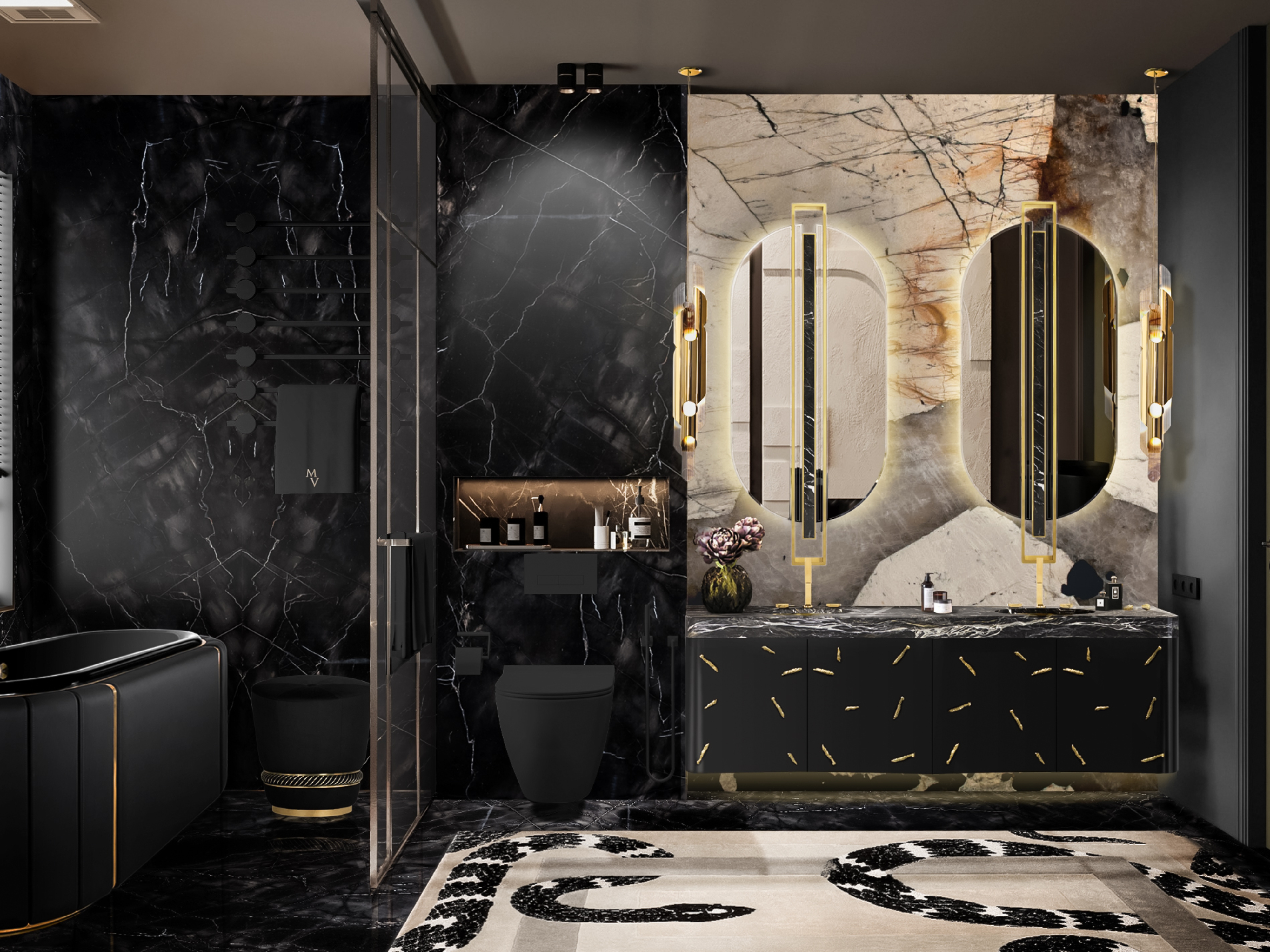Luxurious bathroom design with Imperial Snake&nbsp;rug by Rug'Society
