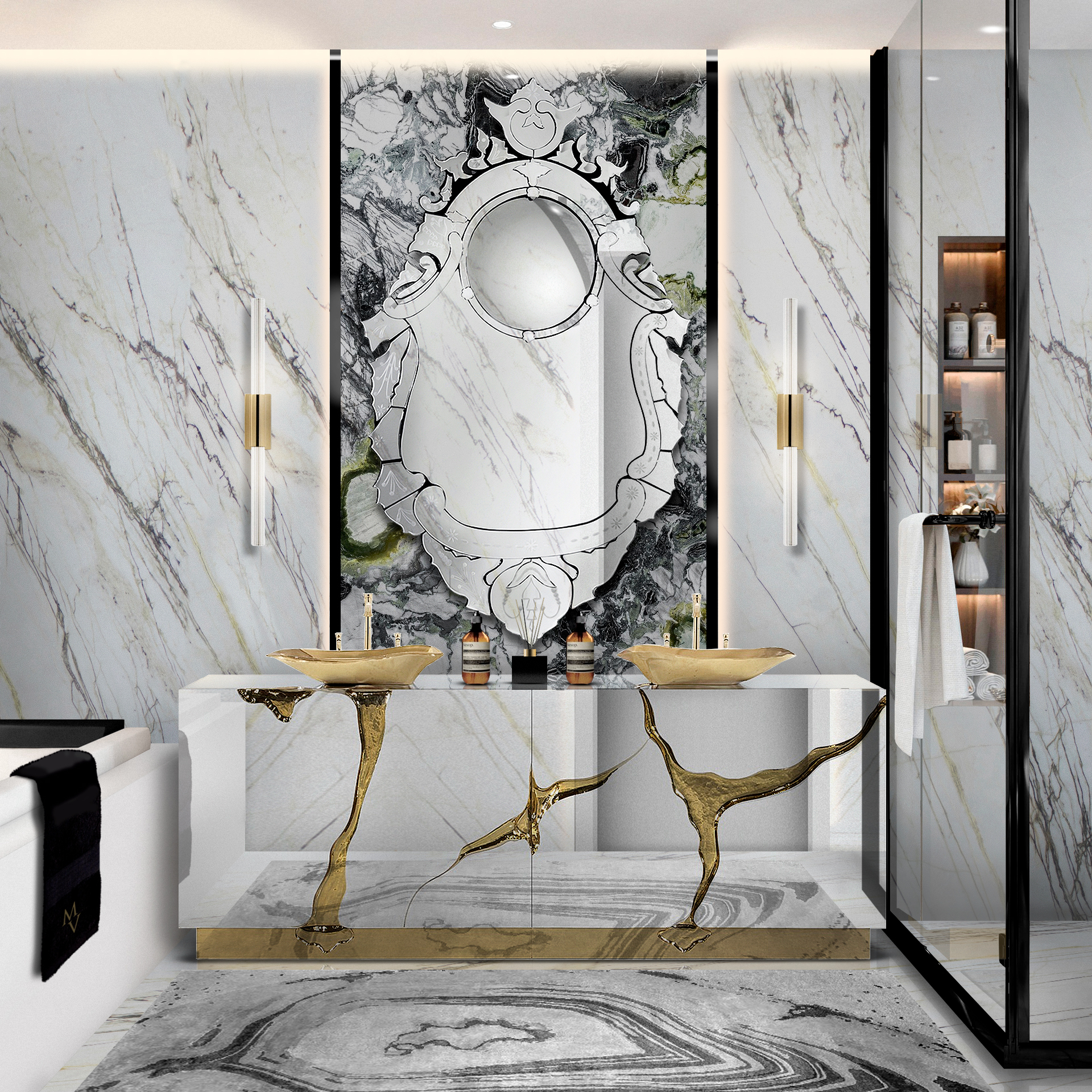 Luxurious bathroom with the Agatha&nbsp;rug by Rug'Society