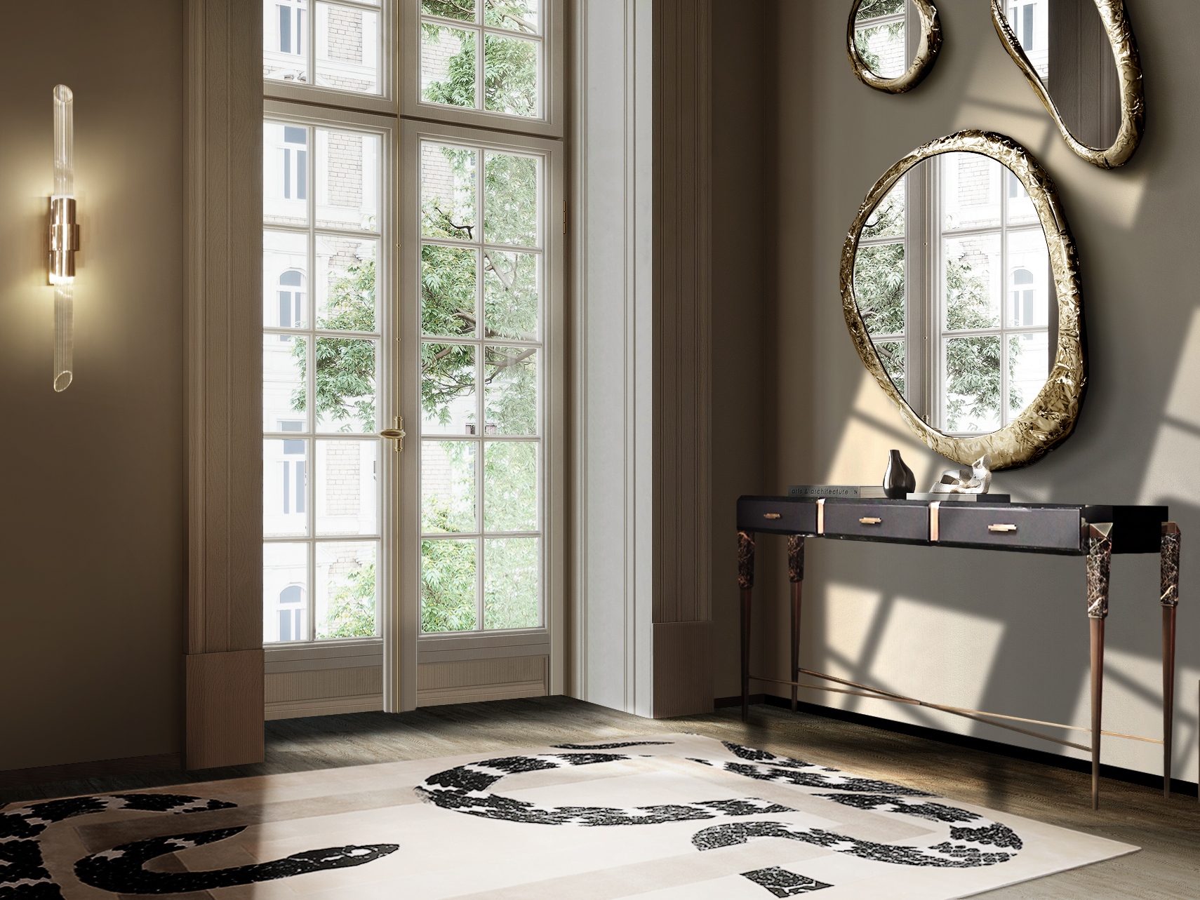 Luxurious Hallway With Botanical Silked Imperial Snake&nbsp;Rug by Rug'Society