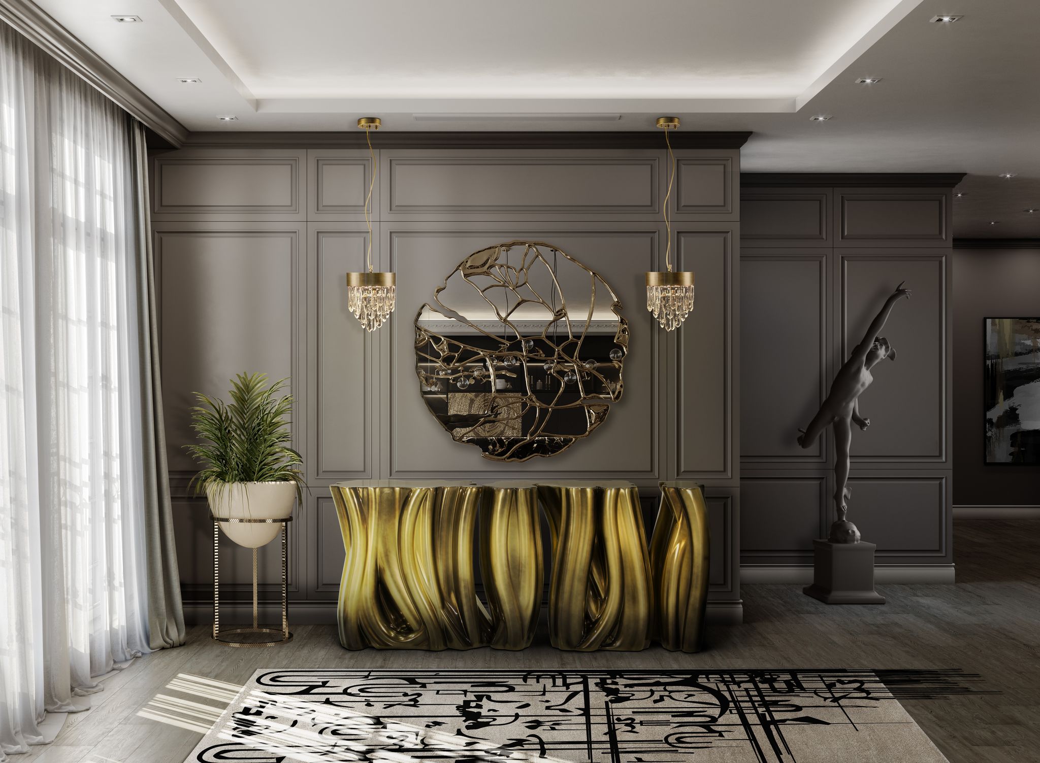Luxurious Hallway With The Urban Rug Design of Black&nbsp;Ink by Rug'Society