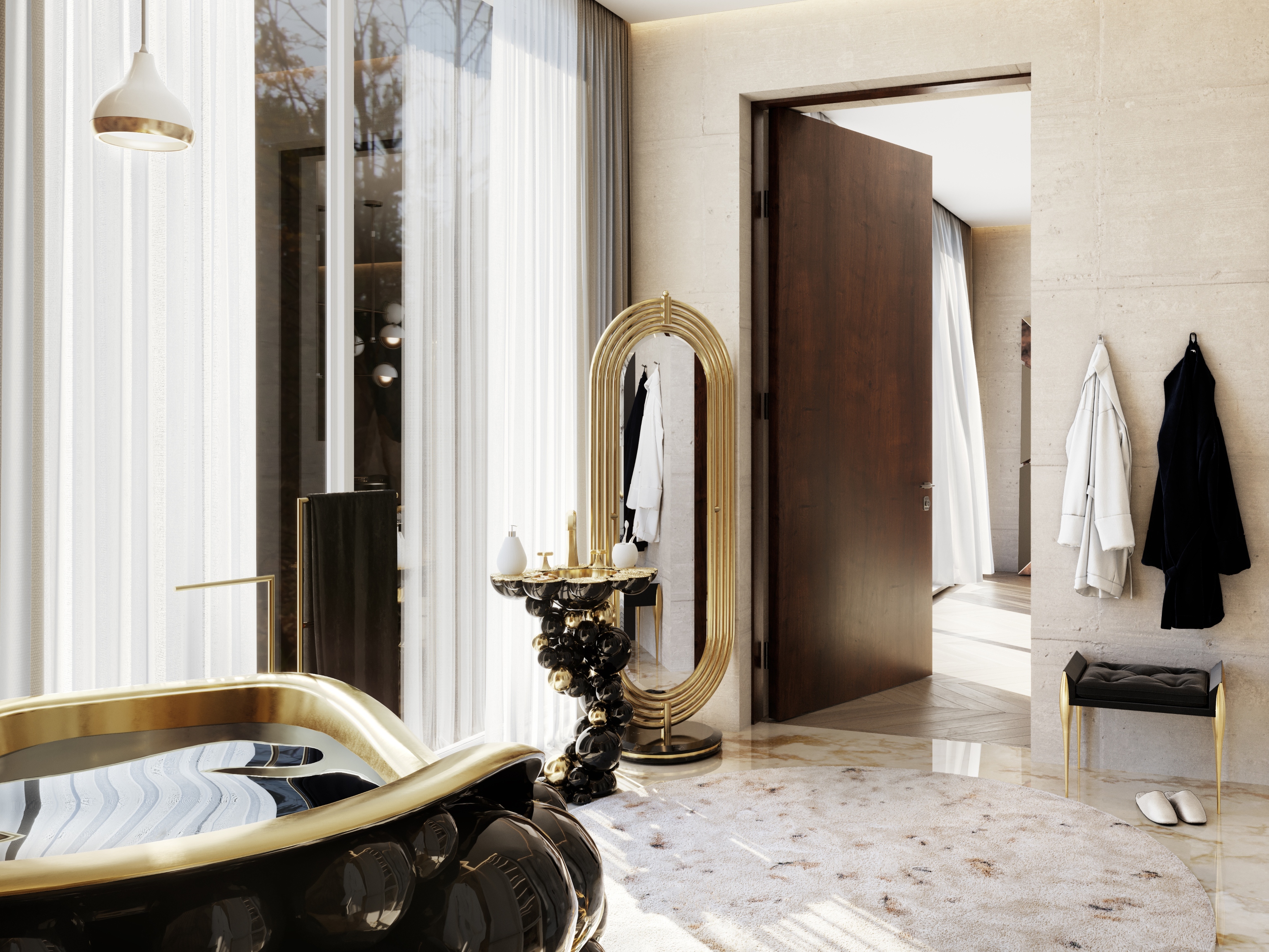 luxurious master bathroom design with Oslo&nbsp;Rug by Rug'Society
