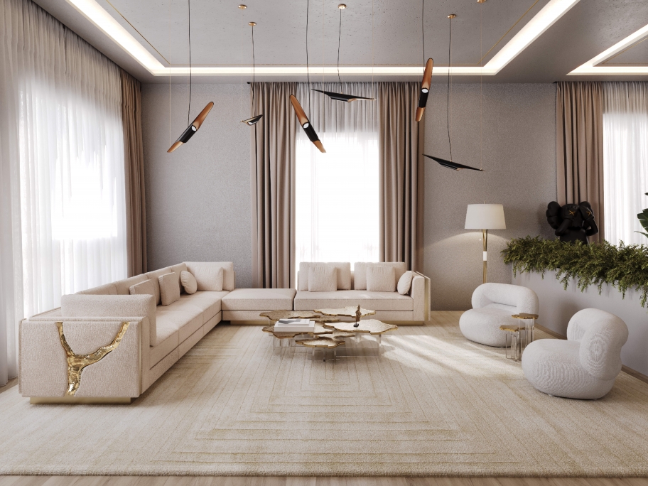 Luxury Neutral Living Room With White Garden&nbsp;Rug by Rug'Society