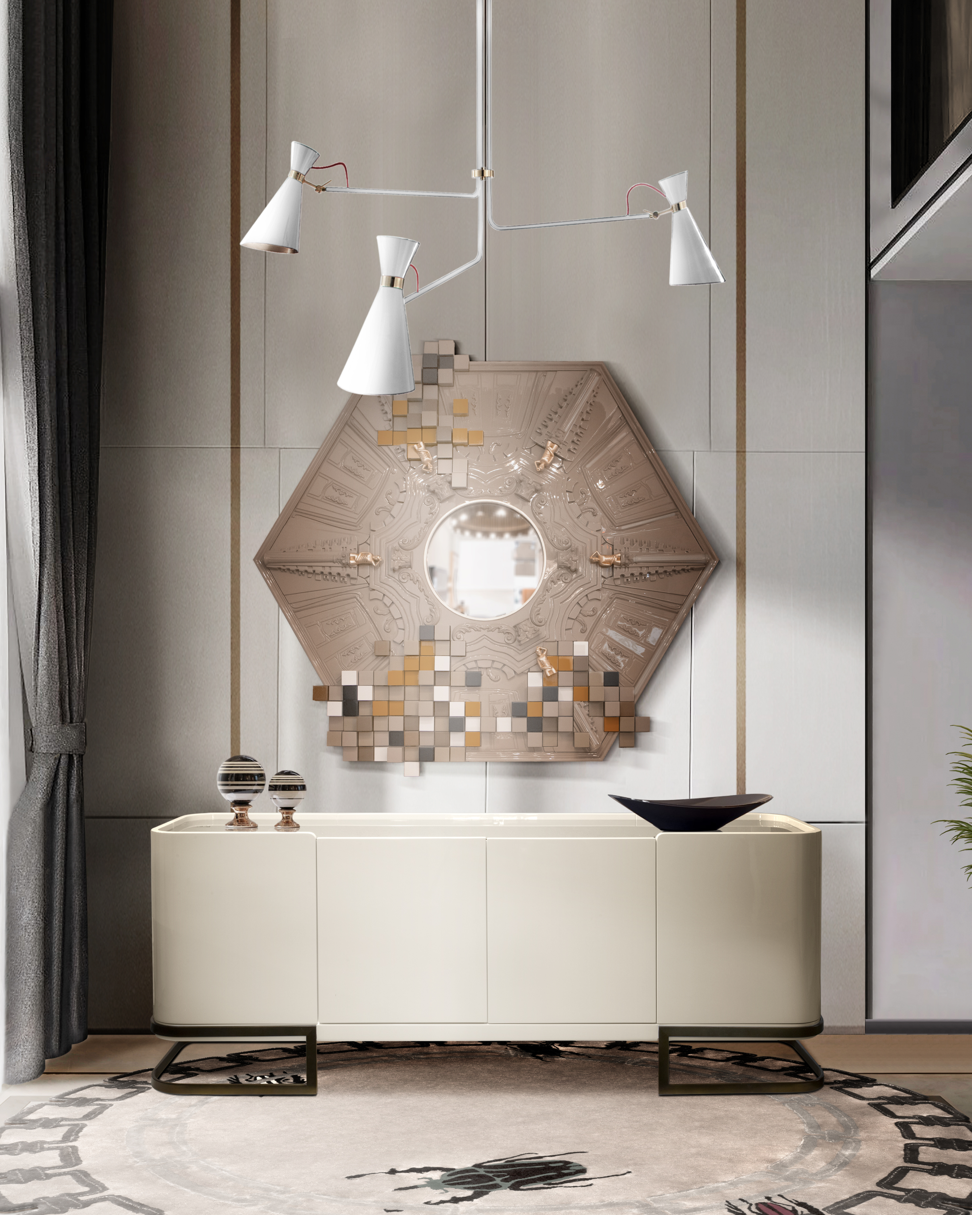 Modern  and elegant hallway with the Golden Bugs&nbsp;rug by Rug'Society
