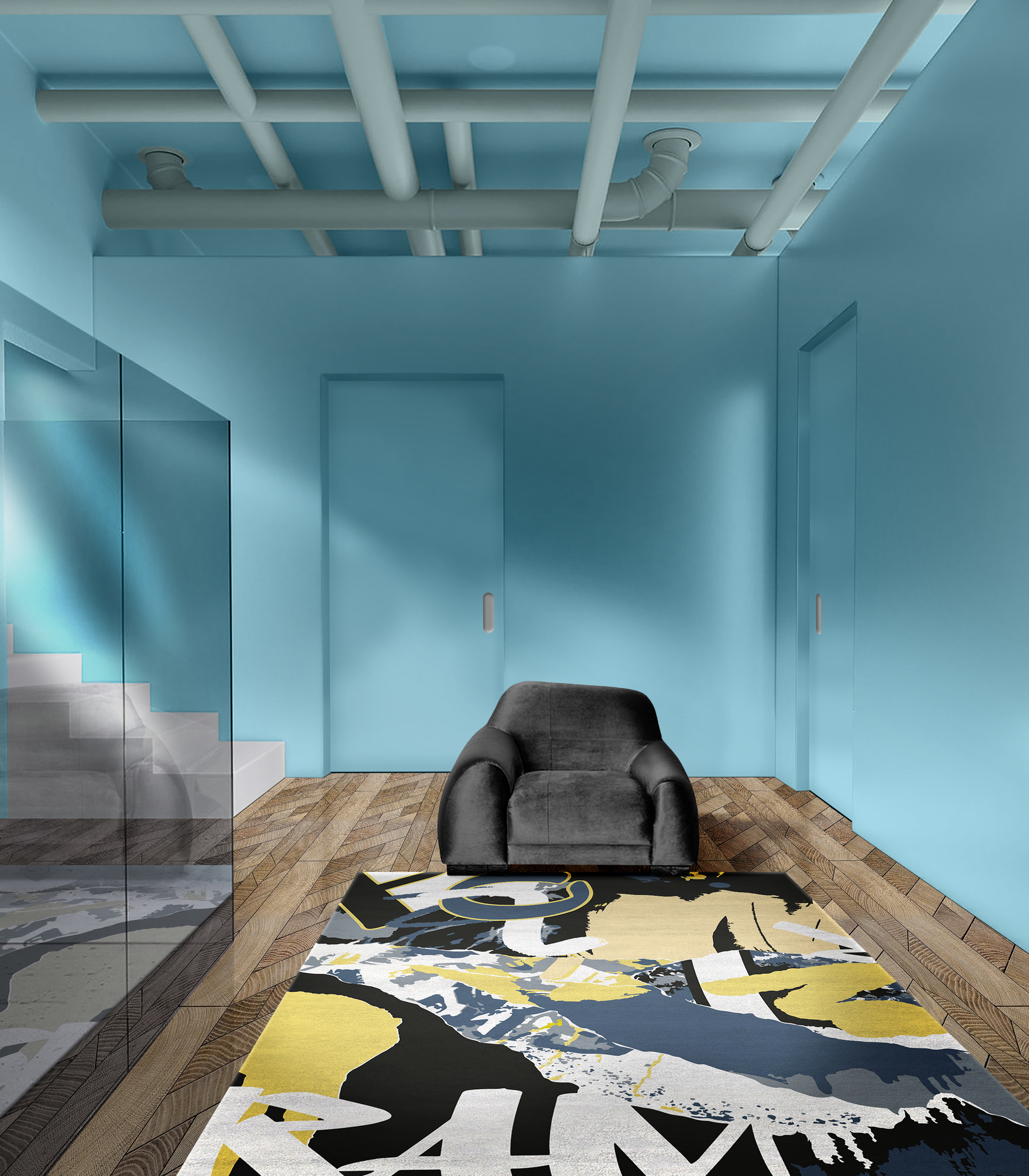 Modern Hallway with colorful Graffitified&nbsp;rug by Rug'Society