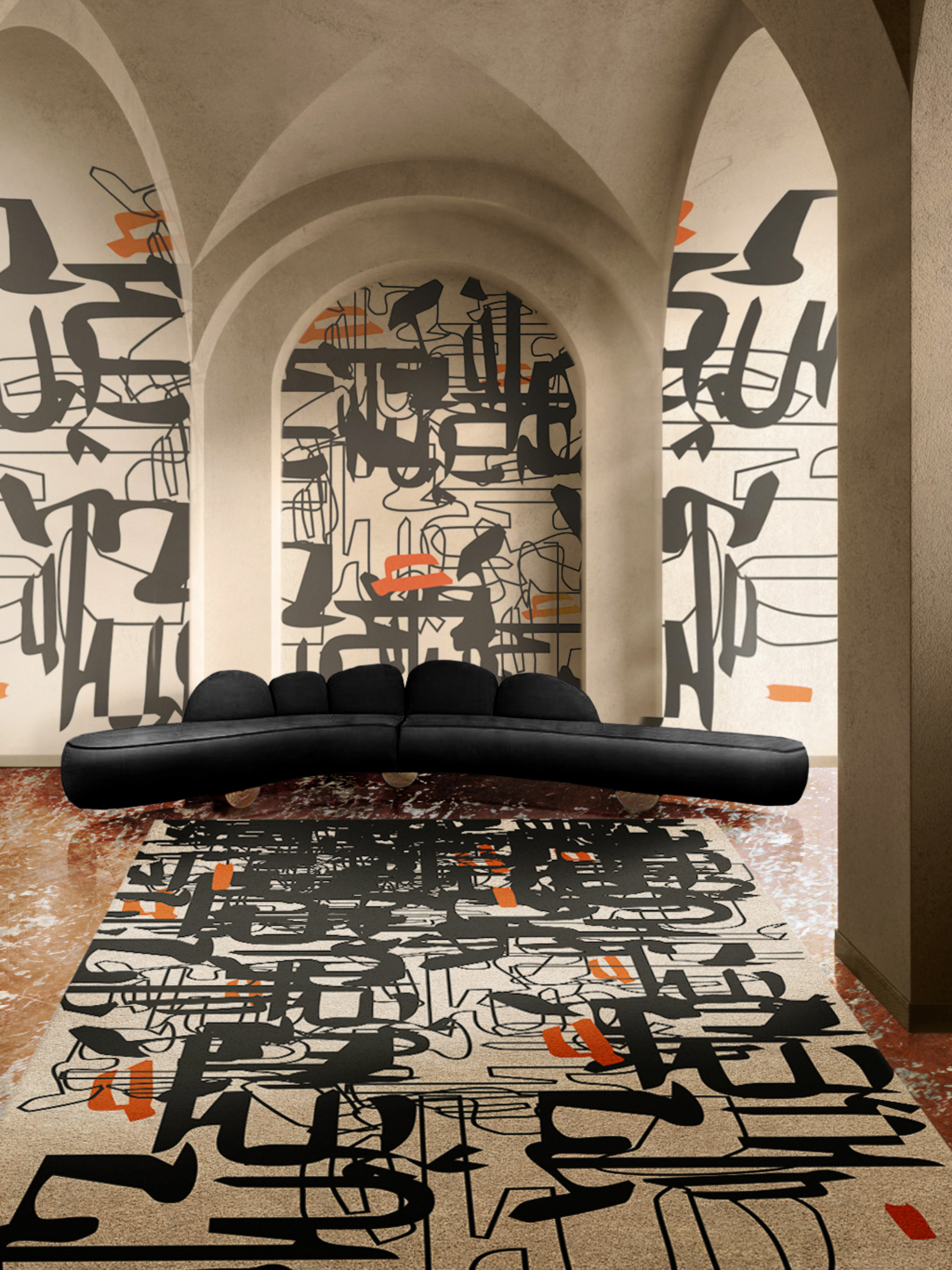 Modern hallway with the artistic Inkblind&nbsp;rug by Rug'Society
