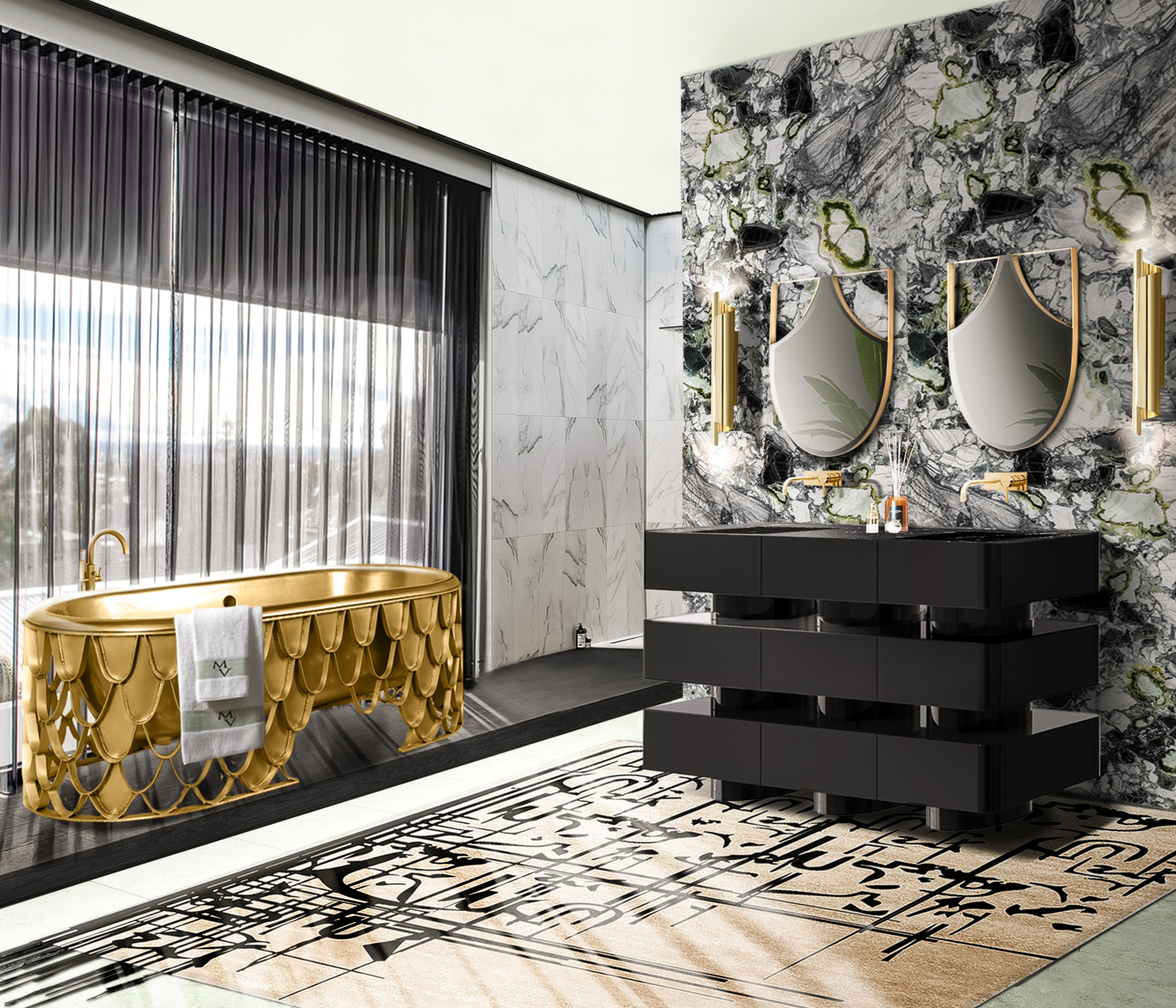 Modern high-end bathroom with the Black Ink&nbsp;rug by Rug'Society