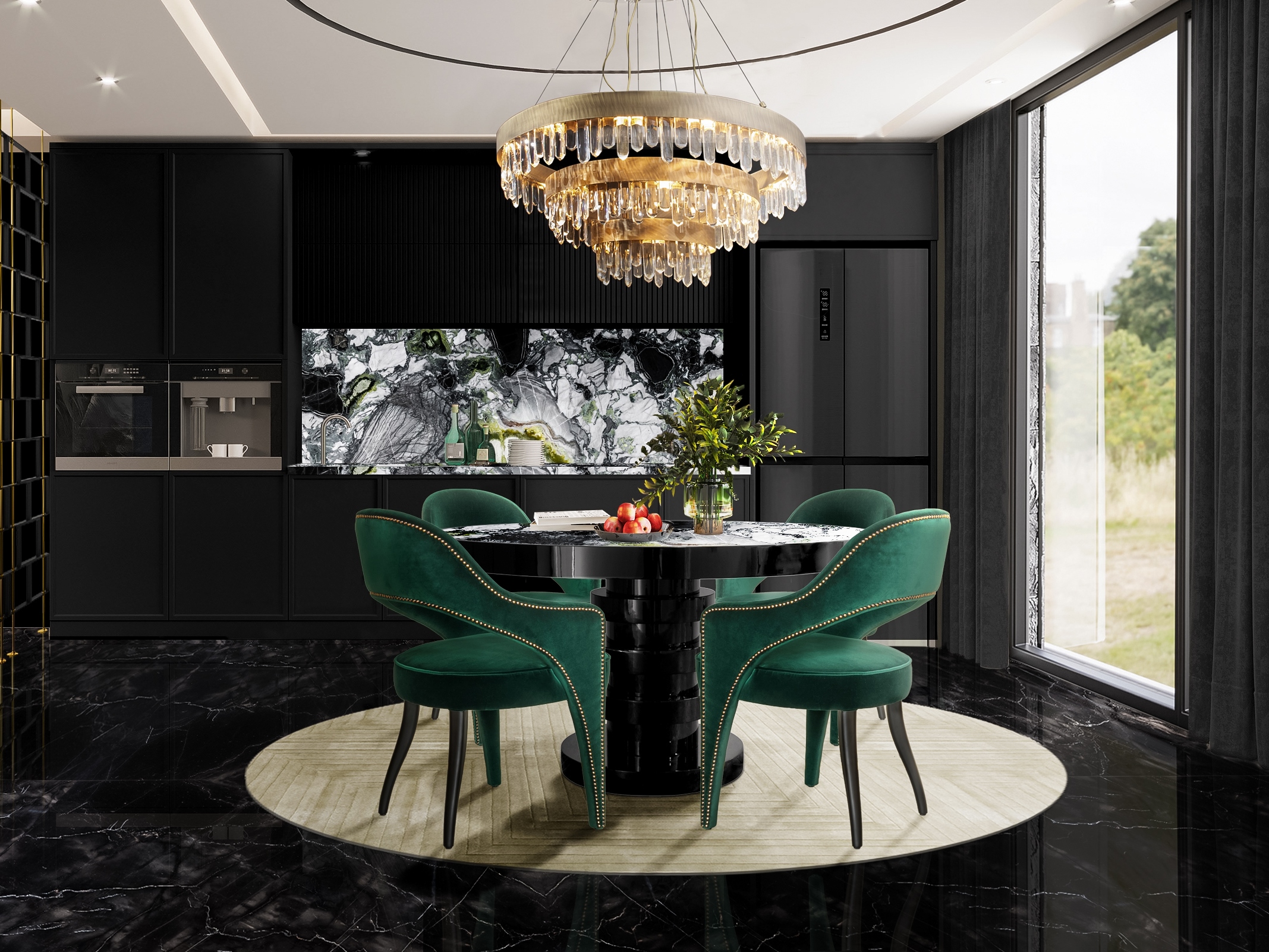 Modern Open Space Dining Room With Round White Garden&nbsp;Rug by Rug'Society
