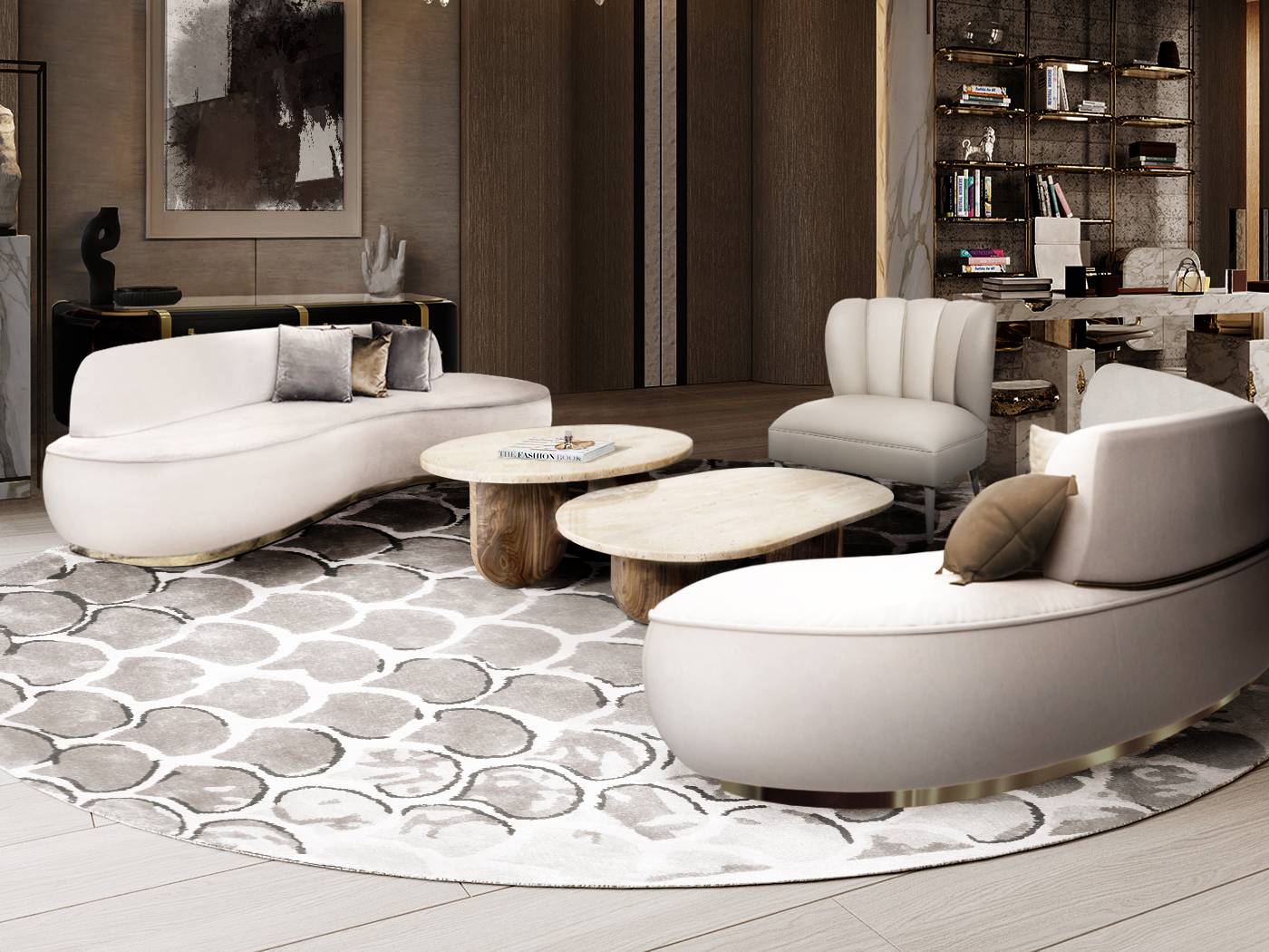 Monochromatic Modern Contemporary Living Room With Round KOI&nbsp;RUG by Rug'Society