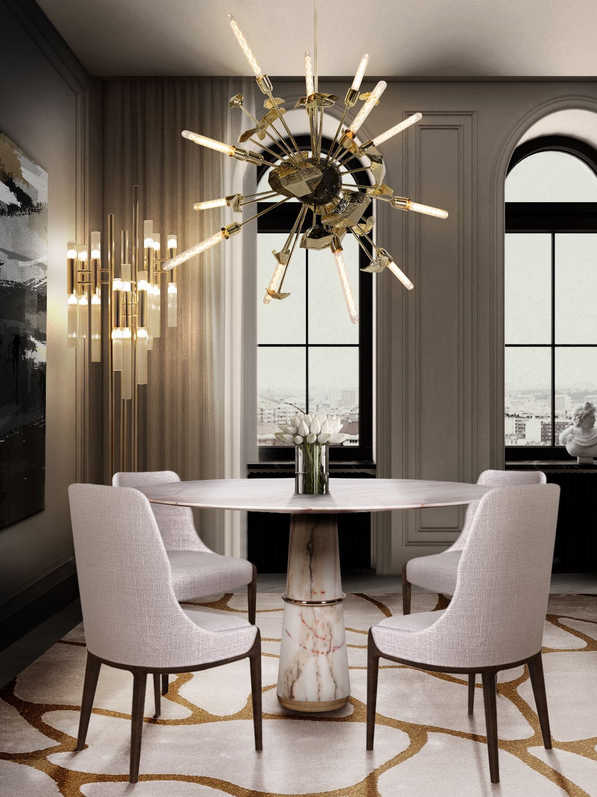 Neutral and Illutrious Dining Room Showcasing the Unique Cell&nbsp;Rug by Rug'Society