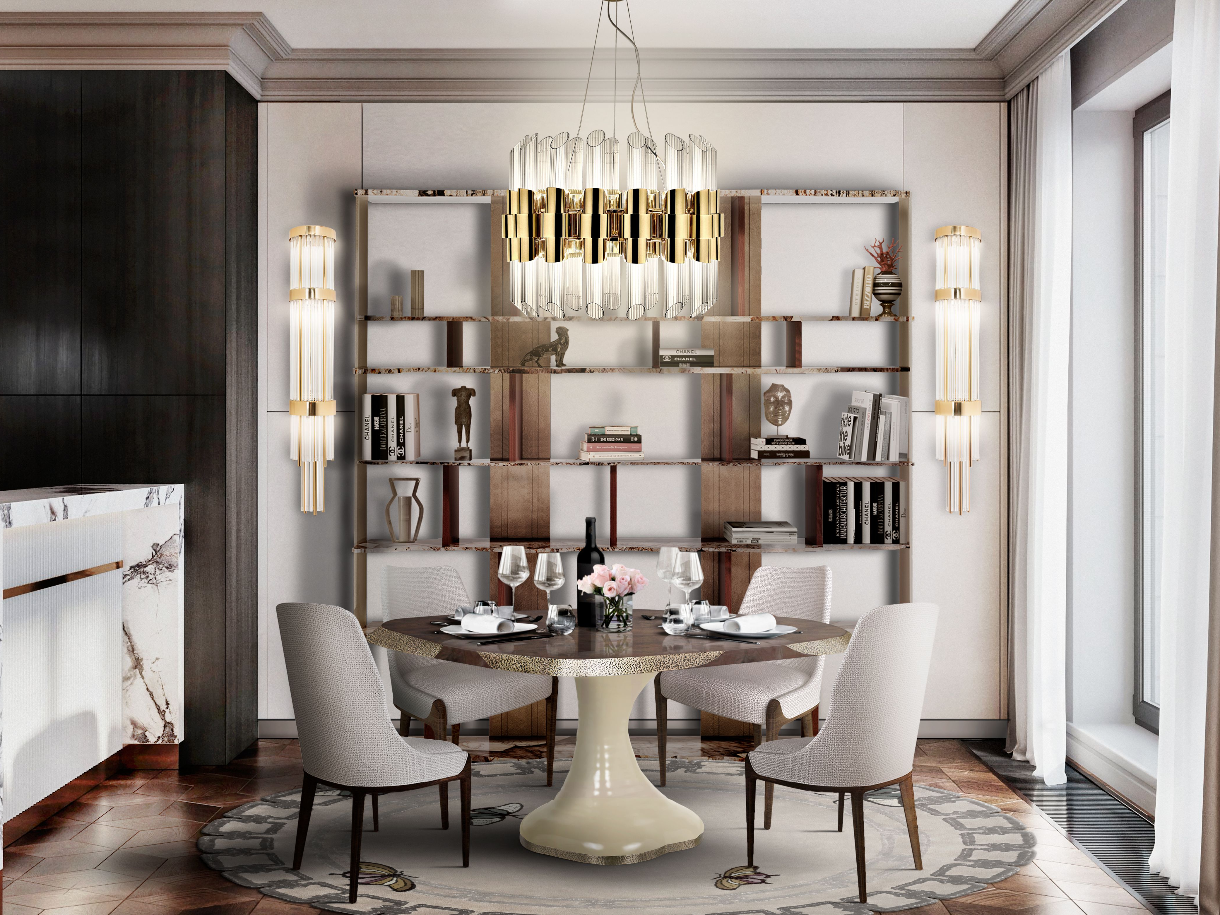 Neutral Dining Room with Golden Hues and Insect&nbsp;Motif by Rug'Society