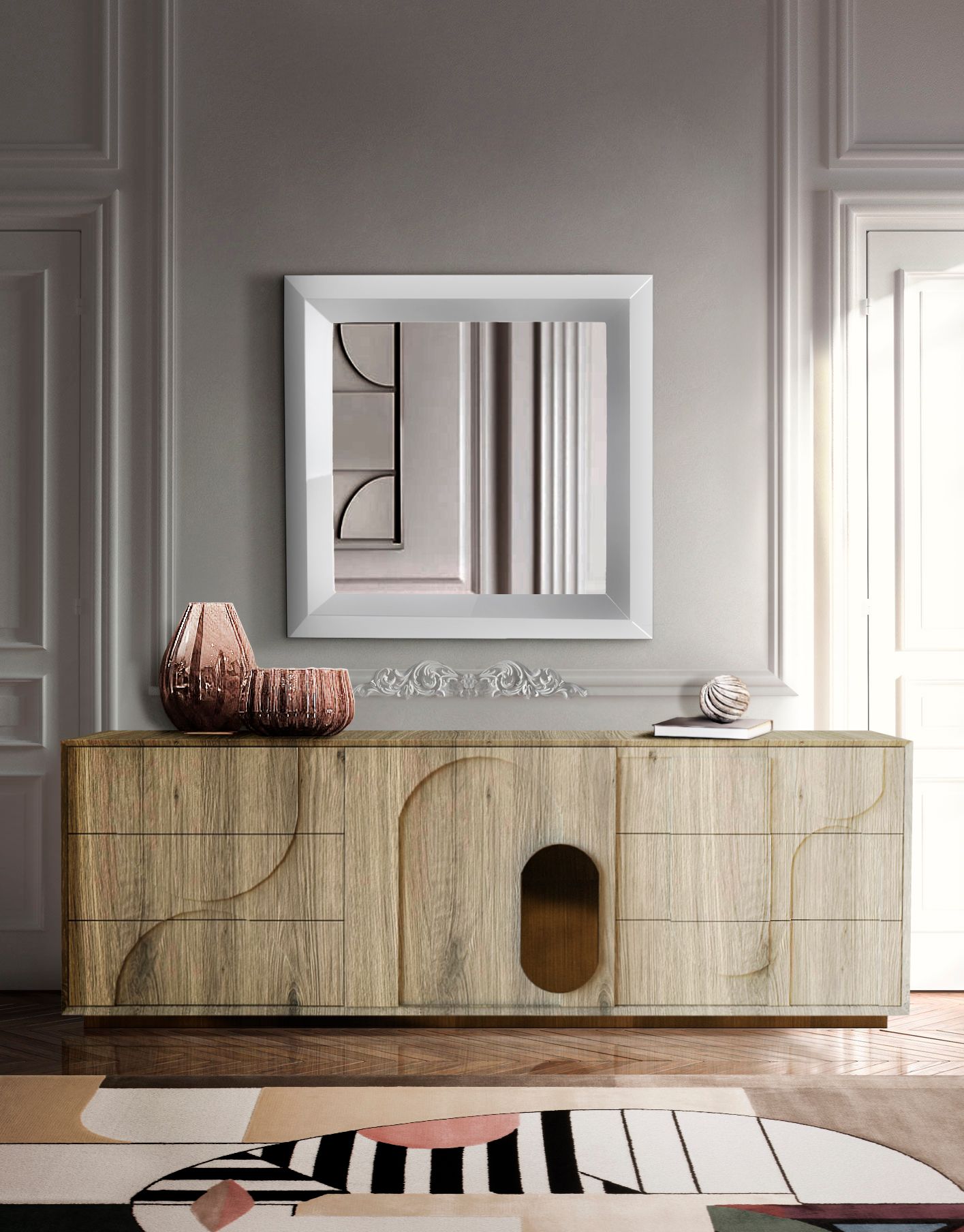 Neutral Hallway With Pink Details And Oscar Geometric&nbsp;Rug by Rug'Society