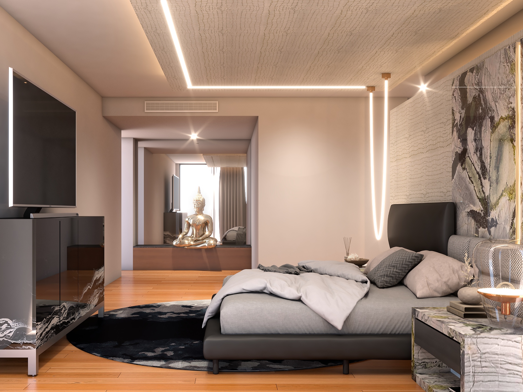 Sleek Modern Bedroom With Baltic 2 Round&nbsp;Rug by Rug'Society