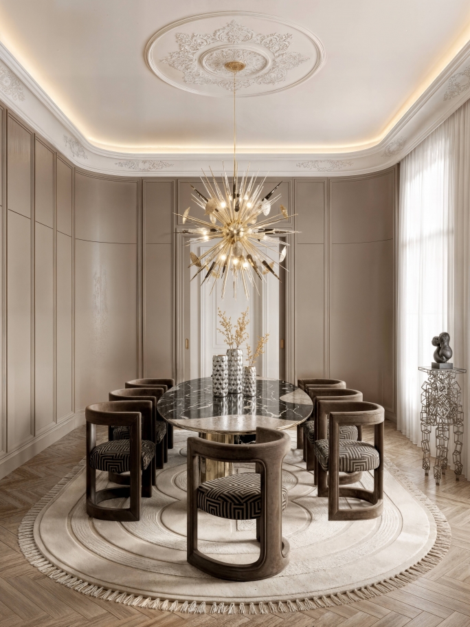 Sophisticated Round Dining Room With Kleopatra Rug - Rug'Society