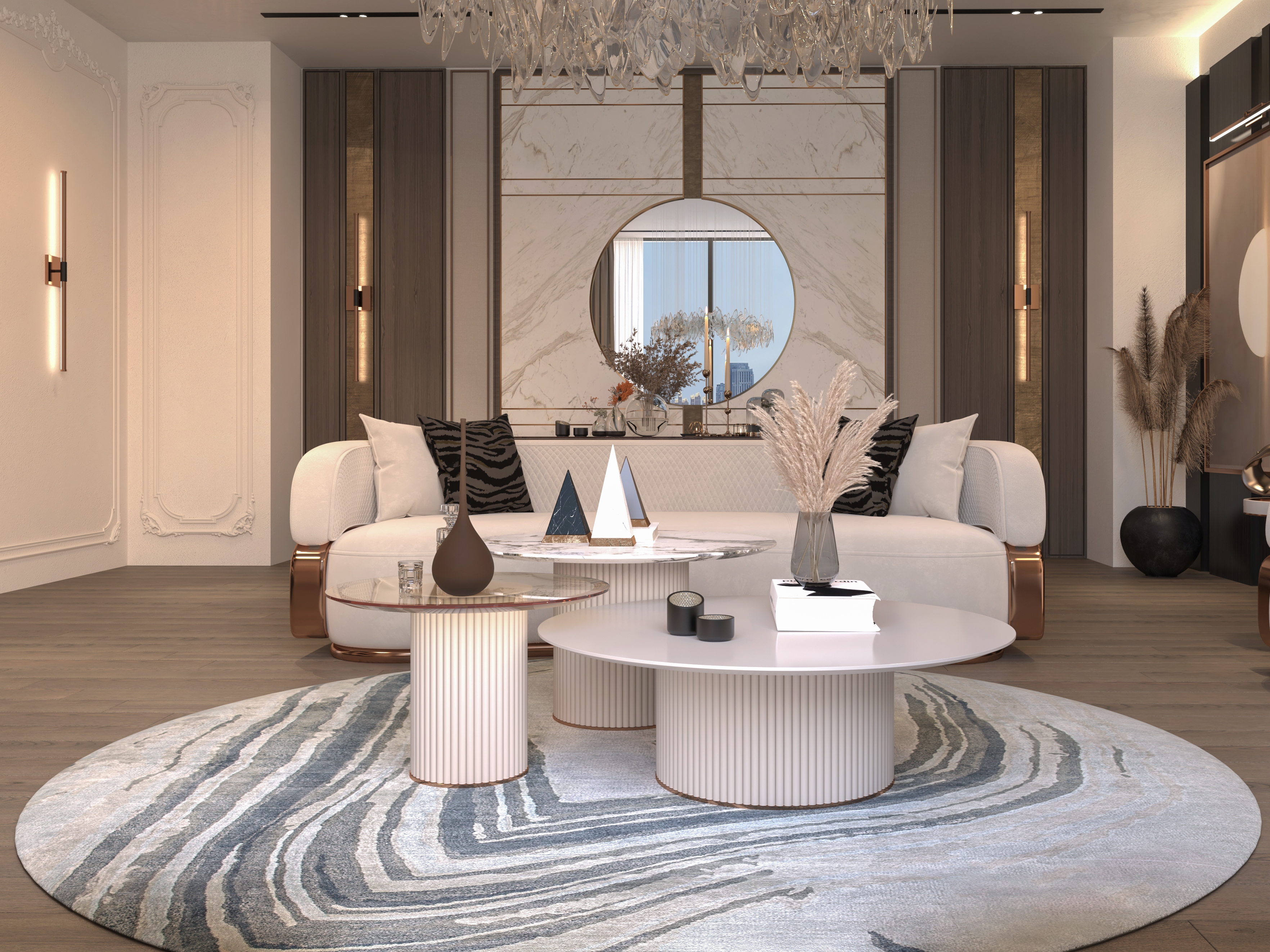STUNNING MODERN CONTEMPORARY LIVING ROOM WITH ROUND AGATHA&nbsp;RUG by Rug'Society