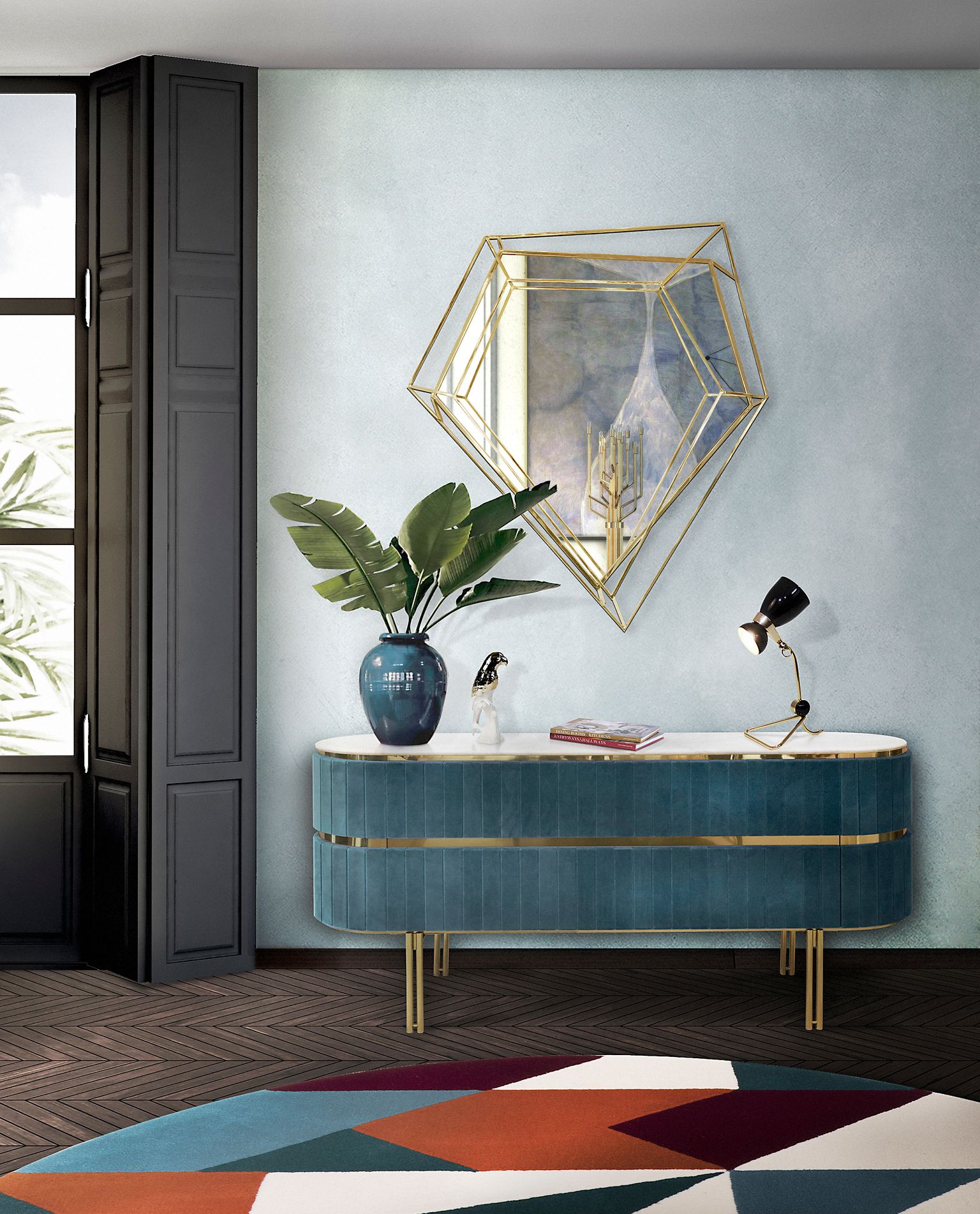 Stylish Mid-Century Hallway With Audrey&nbsp;Rug by Rug'Society